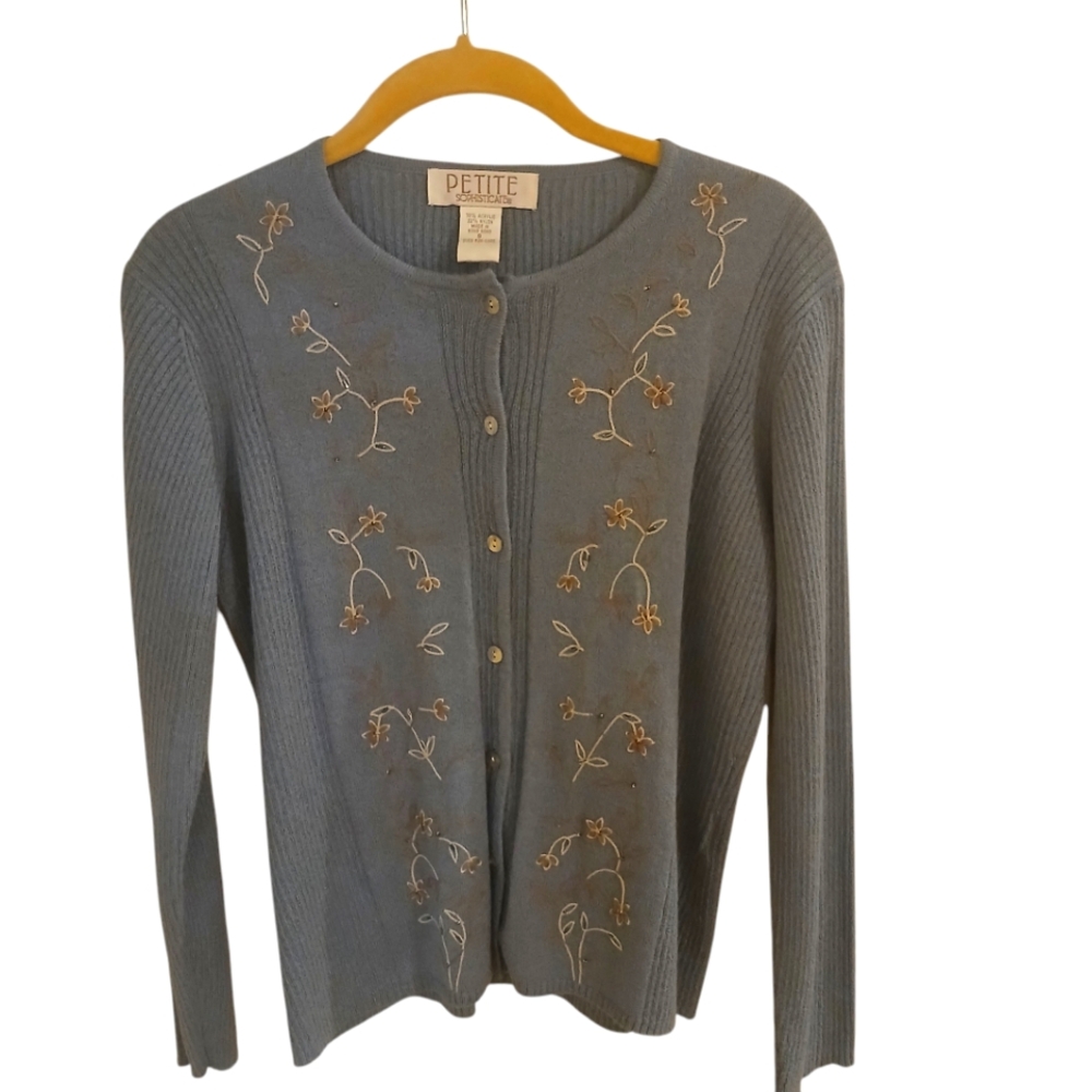 Petite Sophisticate Women's Rib Knit Blue Embroidered Cardigan Sweater  Size S